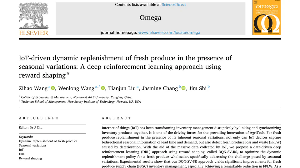 IoT-driven dynamic replenishment of fresh produce in the presence of seasonal variations: A deep reinforcement learning approach using reward shaping