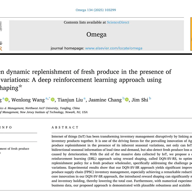 IoT-driven dynamic replenishment of fresh produce in the presence of seasonal variations: A deep reinforcement learning approach using reward shaping