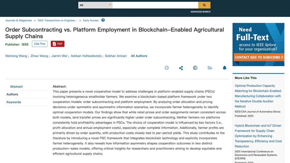 Order Subcontracting Versus Platform Employment in Blockchain-Enabled Agricultural Supply Chains